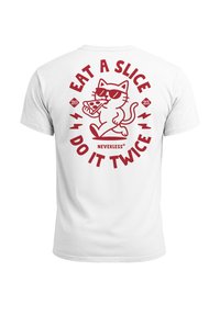 White cotton t-shirt featuring a red graphic of a cat wearing sunglasses, holding a slice of pizza, with text surrounding it.