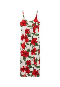 Cvjetna haljina bez rukava s uzorkom crvenih hibiskusa na bijeloj pozadini. Ima tanke naramenice i ravnu siluetu. Lagani materijal.