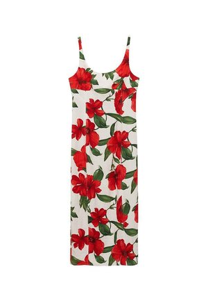 Abito slip floreale con motivi di hibiscus rossi su sfondo bianco. Ha spalline sottili e una silhouette dritta. Tessuto leggero.