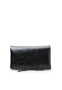 Black leather wallet featuring a textured surface, stud accents along the bottom edge, and a zippered compartment for closure.
