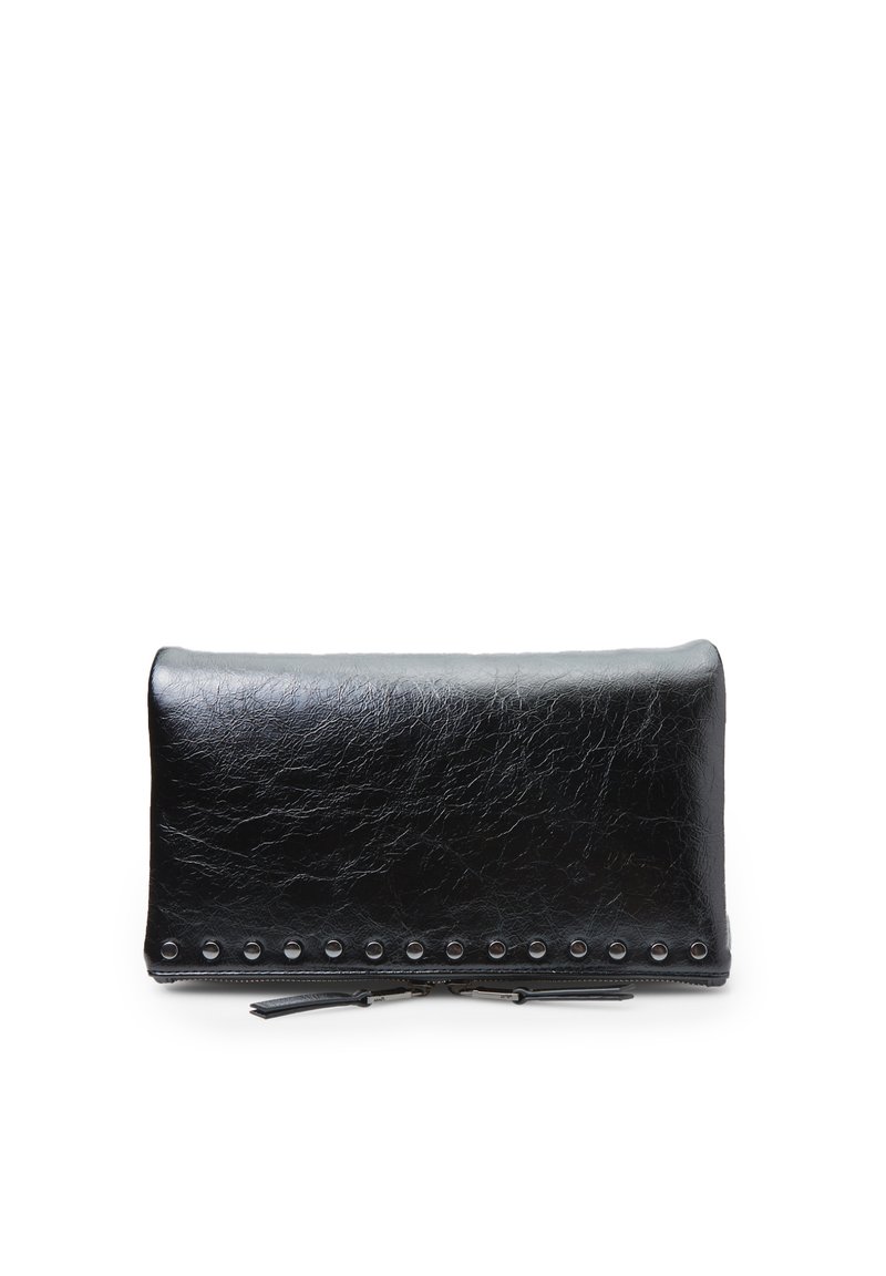 Black leather wallet featuring a textured surface, stud accents along the bottom edge, and a zippered compartment for closure.