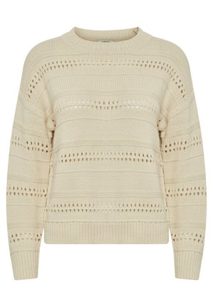Strikket sweater i cremefarve med vandrette striber, der har åbent arbejde detaljer og ribbede manchetter og kant. Løs pasform og design med rund hals.