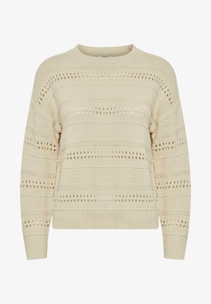 Strikket sweater i cremefarve med vandrette striber, der har åbent arbejde detaljer og ribbede manchetter og kant. Løs pasform og design med rund hals.