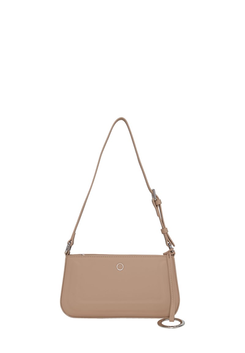 Beige faux leather handbag with a thin adjustable strap, rectangular shape, flat design, and a circular silver accent.