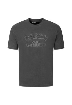 Dunkelgraues kurzärmeliges T-Shirt mit Rundhalsausschnitt und geprägt eingraviertem Text "PARIS KARL LAGERFELD" vorne in der Mitte.