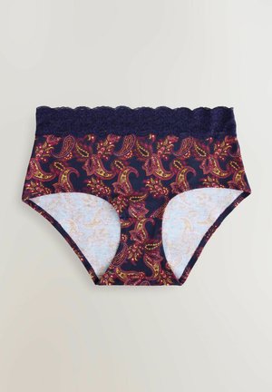Tmavě modré a vzorované dámské spodní prádlo s paisley designem. Krajkový lem v pase, bavlněný materiál, plné pokrytí s měkkou podšívkou.