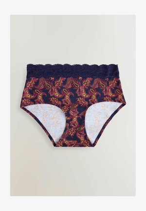 Navy blue ja kuviolliset naisten alushousut, joissa on paisley-kuvio. Pittoreunus vyötäröllä, puuvillamateriaali, täydellinen peittävyys ja pehmeä vuori.