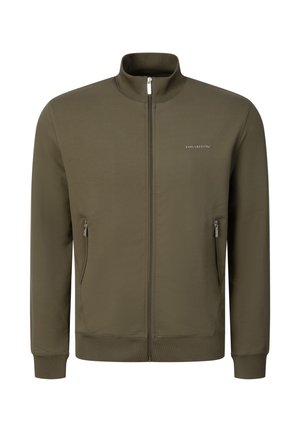 Veste zippée homme couleur vert olive avec col montant, deux poches latérales zippées et petit logo de la marque sur la poitrine gauche.