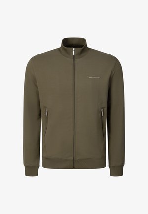 Herren olivgrüne Jacke mit durchgehendem Reißverschluss, hohem Kragen, zwei seitlichen Reißverschlusstaschen und kleinem Markenlogo auf der linken Brust.