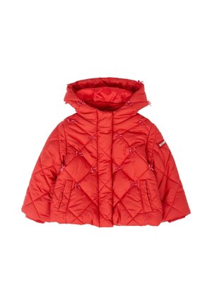 Rode pufferjack met capuchon, voorzien van een diamanten gestikt patroon, roze strikaccenten en zijzakken. Glad, glanzend materiaal.
