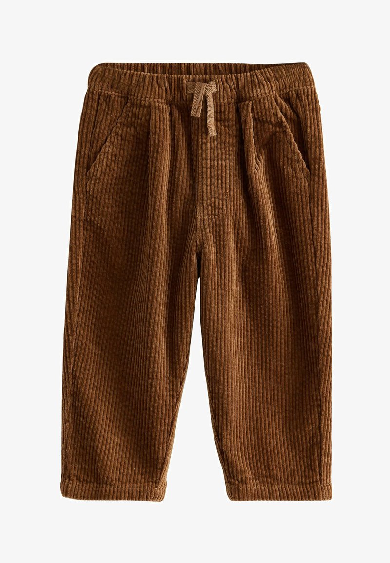 Pantaloni in corduroy marroni con texture a righe verticali, vita elastica e cordoncino. Presentano due tasche laterali per praticità.