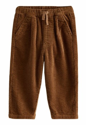 Braune Cordhosen mit gerippter Textur, ausgestattet mit einem elastischen Bund mit Kordelzug und zwei seitlichen Taschen.