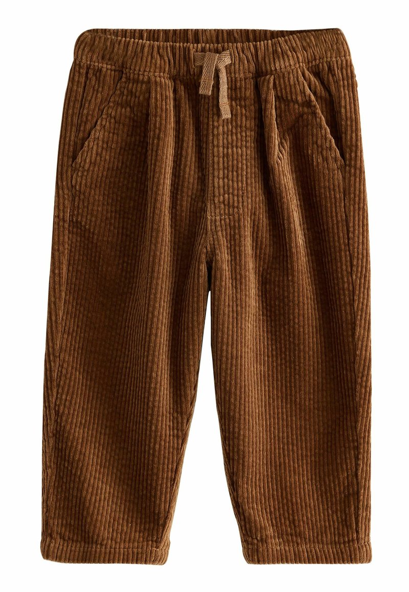 Pantaloni in velluto a coste marroni con una trama rigata, dotati di una cintura elastica con cordino e due tasche laterali.
