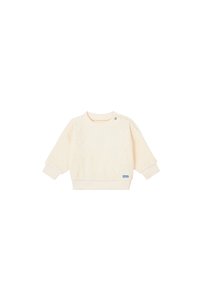 Cremefarbenes Baumwollpullover mit einem rautenförmigen Steppmuster, Rundhalsausschnitt und Druckknopfdetails an der Schulter. Gerippte Bündchen und Saum.