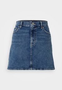 Keskmise sinise denim seelik, millel on kitsas talje, esi-taskud ja sirge lõige. Keskmise reie pikkus, minimaalne kulumus.