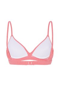 Bralette a forma di triangolo rosa con tessuto a motivo testurizzato, foderato in bianco, con spalline sottili e regolabili e chiusura a gancio e occhiello sul retro.