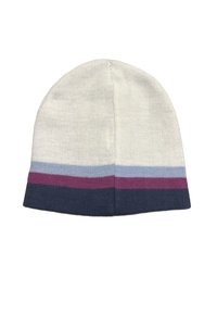 Knit beanie in gray with horizontal stripes in light blue, burgundy, and navy. Stretchy material; tapered crown design.