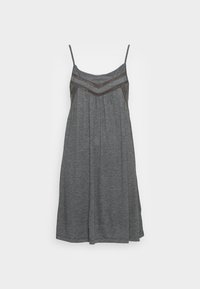 Vestido cinza sem mangas com um corte solto, apresentando um detalhe de renda decorativa ao longo da gola e um tecido texturizado subtil.