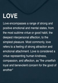 Felpa navy con testo bianco. La parola "AMORE" è ben visibile sopra una citazione che descrive il concetto di amore e le sue virtù.