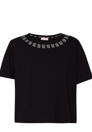 T-shirt nera a maniche corte con scollatura rotonda, caratterizzata da un distintivo motivo bianco intorno al colletto e un taglio dritto.