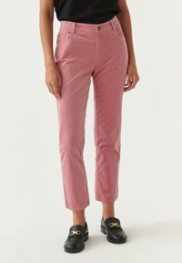 Roze corduroybroek met een rechte pijp, voorzien van voorzakken en een metalen knoop, gecombineerd met zwarte instappers.