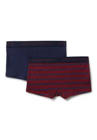 Dva kusy pánských boxerky, jeden v jednobarevné námořnické modři a druhý vínový se námořnickými pruhy, oba s páskem "United Colors of Benetton".