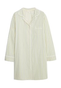 Camisa de pijama amarilla a rayas con rayas azules, de manga larga, con botones en el frente, cuello clásico y un bolsillo en el pecho. Textura de tela suave.