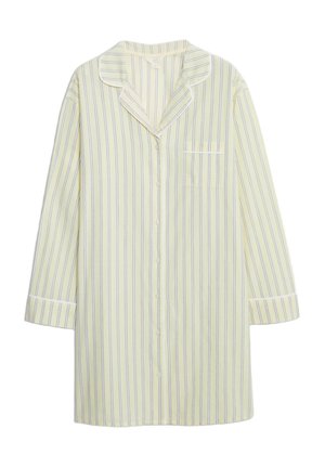 Yellow striped pajama shirt with blue stripes, long sleeves, button front, classic collar, and a chest pocket. Soft fabric texture.