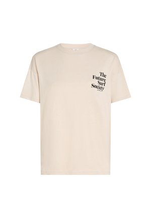 Cream-colored cotton t-shirt with a loose fit, round neckline, and black printed text on the left chest reading “The Future Surf Society.”