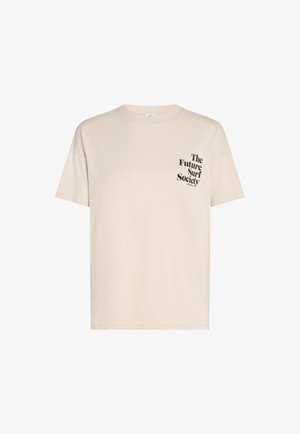 Krämfärgad bomulls T-shirt med lös passform, rund halsringning och svart tryckt text på vänster bröst som säger "The Future Surf Society."