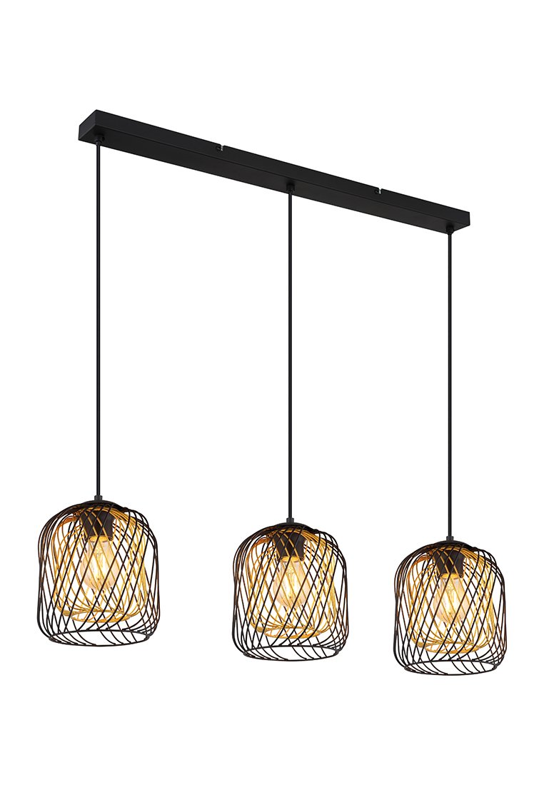 Tre lampade a sospensione con design in rete metallica nera pendono da un montaggio a soffitto rettangolare nero, con lampadine calde e a vista.