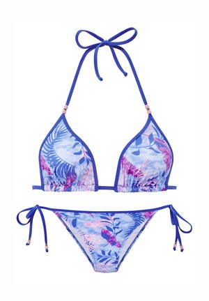 Two-piece bikini set with blue and pink tropical leaf patterns, triangle top with halter tie, and side-tie low-rise bottoms.
