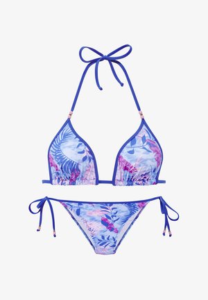 Two-piece bikini set with blue and pink tropical leaf patterns, triangle top with halter tie, and side-tie low-rise bottoms.