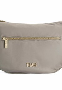 Borsa in nylon grigio con una cerniera in metallo dorato e un tirazip. Presenta un logo in rilievo e una texture liscia, leggermente lucida.