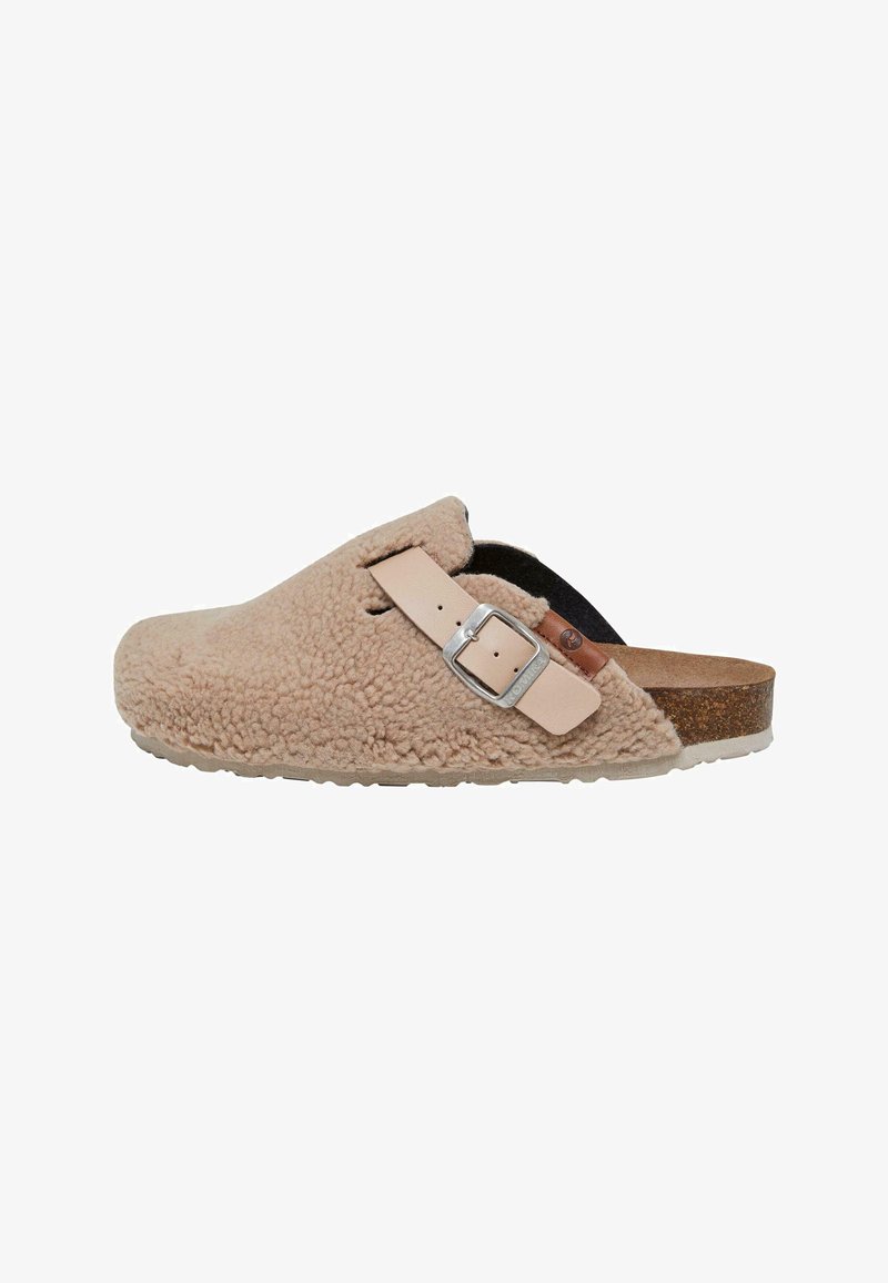 Beige, slip-on clogs with soft, textured fur material, adjustable leather strap with silver buckle, and a cork footbed for comfort.