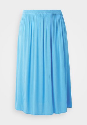 Gonna azzurra chiara, lunghezza ginocchio, realizzata in tessuto plissettato con vita elasticizzata, caratterizzata da un design fluido e plissettato.