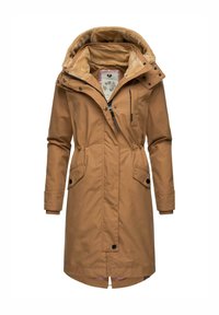 Parka impermeabile marrone con cappuccio staccabile, fodera in peluche, chiusura frontale con zip e bottoni, due tasche laterali e vita regolabile.