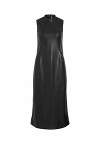 Zwarte mouwloze leren jurk met een hoge halslijn, rechte silhouet en subtiele textuur; voorzien van zijslitten aan de zoom.