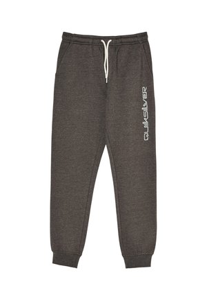 Dunkelgraue Jogginghose mit elastischem Bund, weißem Kordelzug, Seitentaschen, Bündchen an den Knöcheln und vertikalem weißem Quiksilver-Logo am linken Bein.