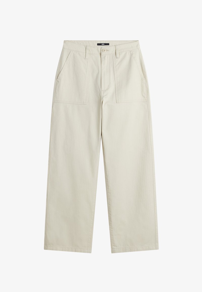 Pantalon beige à jambes larges avec poches plaquées devant, passants pour ceinture, fermeture à boutons et une étiquette Vans sur la ceinture.