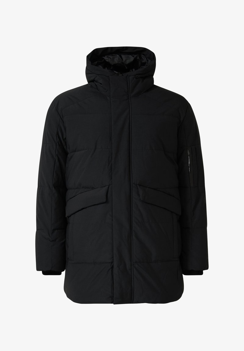 Schwarze isolierte Steppjacke mit hohem Kragen, Frontreißverschluss, zwei großen Fronttaschen und einer Reißverschlusstasche am Ärmel. Glatte Textur.