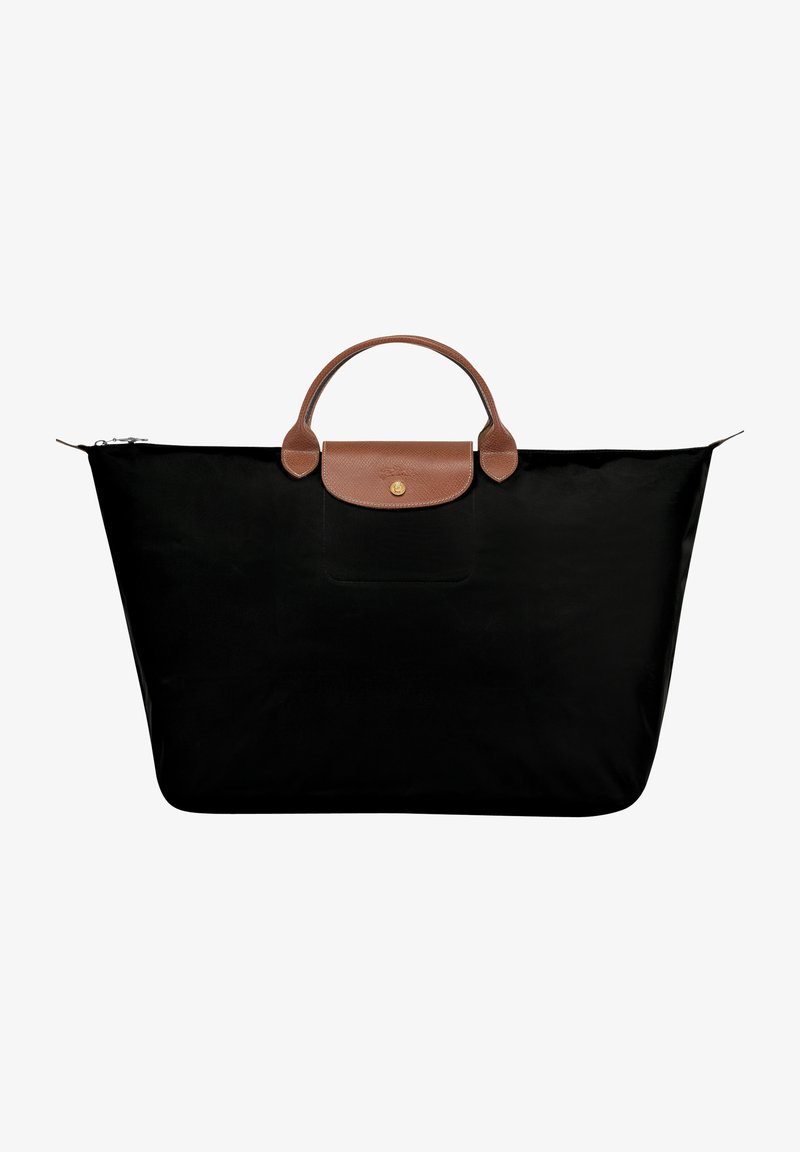 Schwarze Nylon-Tragetasche mit braunem Ledergriff und Akzenten, ausgestattet mit einem Reißverschluss und einem goldenen Logo auf der Vordertasche.