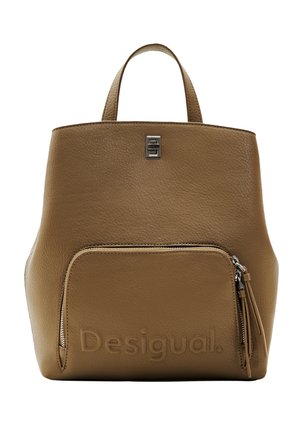 Brown leather backpack with front zipper pocket, top handle, silver clasp, and embossed "Desigual" logo on the front pocket.