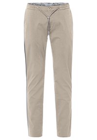 Pantalon beige décontracté avec ceinture élastique, fermeture par bouton et cordon blanc et gris, coupe slim et texture subtile.