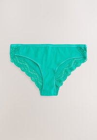 Culotte bikini en mélange de coton bleu sarcelle avec bordure en dentelle sur les côtés, bords festonnés et finition lisse. Convient pour un usage quotidien.
