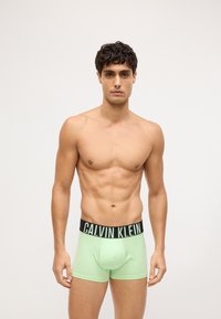 Boxeri mint verzi cu un brâu negru ce prezintă logo-ul "CALVIN KLEIN" în verde deschis. Textură netedă și design ajustat.