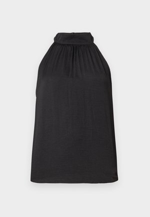 Must värvidega ülemine, mis on valmistatud kerge kangaga, omab volditud kaelaosa, sileda tekstuuri ja lihtsat siluetti, ilma nähtavate kinnitusteta.