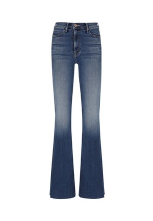 Jeans in denim a zampa d'elefante di colore blu scuro. A vita alta con effetto sbiadito, dotati di tasche anteriori e chiusura a bottone visibile. Texture liscia.