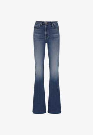 Jeans in denim a zampa d'elefante di colore blu scuro. A vita alta con effetto sbiadito, dotati di tasche anteriori e chiusura a bottone visibile. Texture liscia.