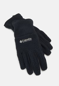 Svarte fleece-hansker med teksturert ytre, glatt indre og logoen til Columbia Sportswear Company på håndleddsområdet.